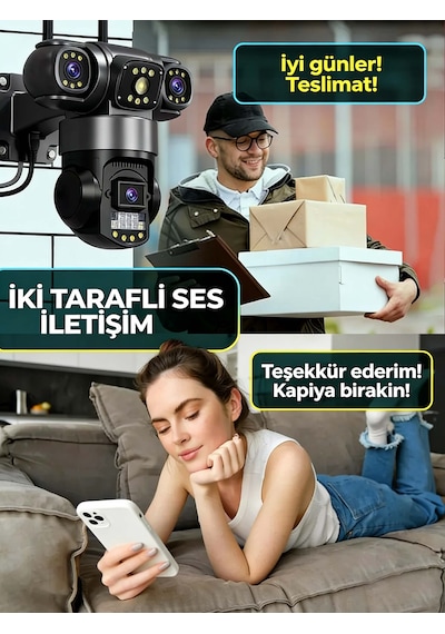 Üçlü Lens 6mp 4g Sım Ptz Dış Mekan Güvenlik Kamerası: 360 Panoramik, 7/24 Kayıt, Hareket Sensörlü Alarm, Gece Görüş, Suya Dayanıklı Gövde