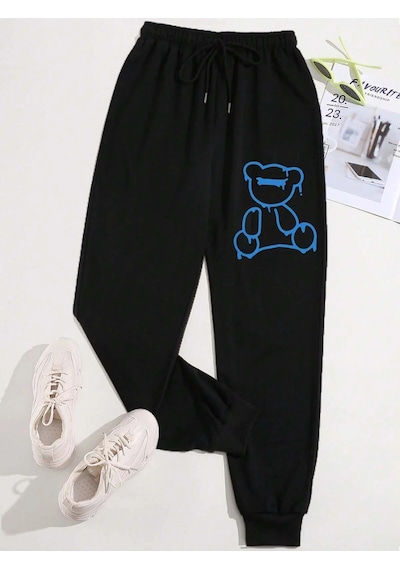 Bear Print Drawstring Waist 4 Mevsim Eşofman Siyah