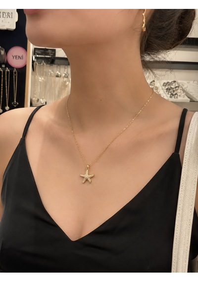 Deniz Yıldızı Zirkon Taş İnci Detay Çelik Kolye Gold