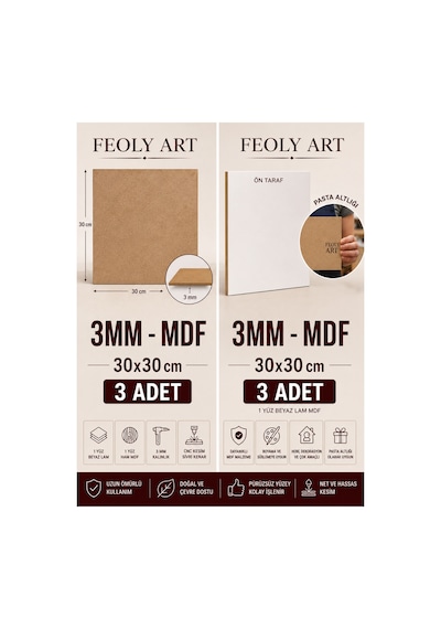 Profesyonel Mdf Pasta Altlığı Seti 3'lü 3 Adet 30x30 Cm 3 Mm Tek Yüzü Beyaz Premium Pasta Sunum Altlığı