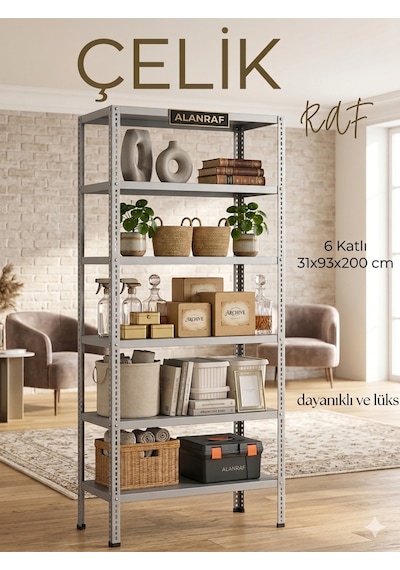 Çelik Raf 6 Katlı 31x93x200 Dekoratif Raf Sistemleri, Depo Rafı, Arşiv Rafı, Kiler Rafı Galvaniz