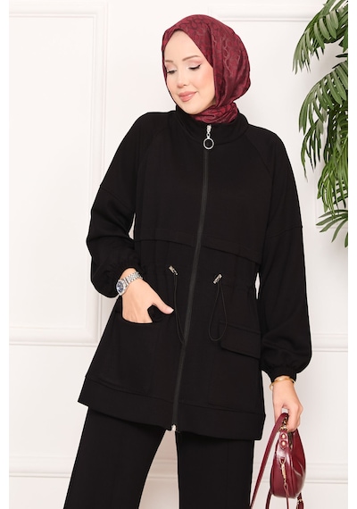 Butik Kadın Siyah Fermuarlı Cep Detaylı Tesettür Eşofman Takımı Siyah Siyah