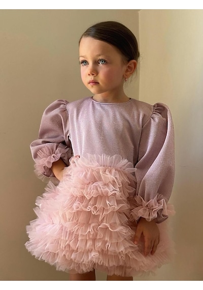 Linola Baby Kids Lucky Tütü Etekli Uzun Kollu Elbise Pudra