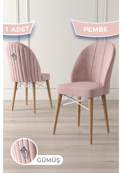Canisa Ritim Serisi 1 Adet Pembe Sandalye 1.sınıf Babyface Ithal Kumaş Doğal Ahşap Ayak Gümüş Halkalı Sandalye Pembe Ayaklar Doğal Ahşap