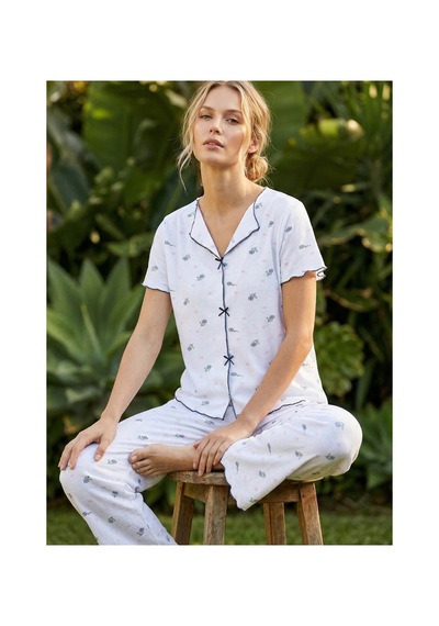 Siyah İnci Fitilli Kaşkorse Örme Pijama Takım 26120553 Beyaz Çiçek