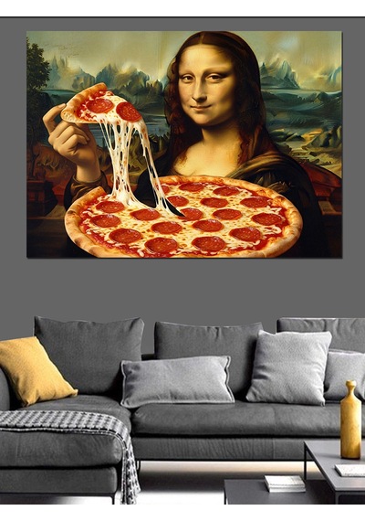 Mona Lisa Pizza Yiyor Komik Dekoratif Kanvas - Mdf Ahşap Tablo