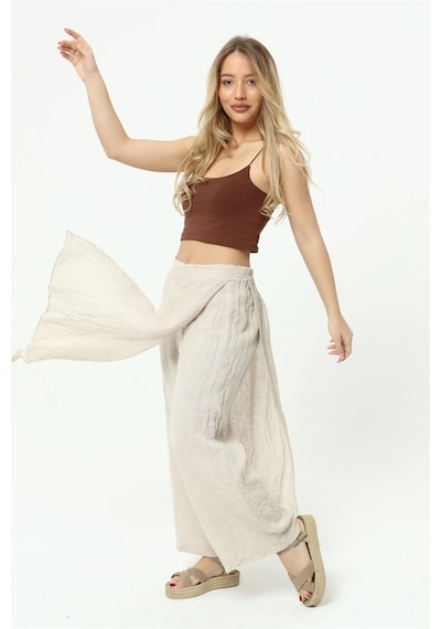 Bohem Stil İtalyan Ham Keten Pantolon Etek-8747 Bej