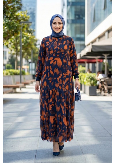 Hb Harma Time Butik Kadın İçi Şardonlu Turuncu Yaprak Desenli Şifon Elbise Hb Harma Time Butik Kadın İçi Şardonlu Turuncu Yaprak Desenli Şifon Elbise