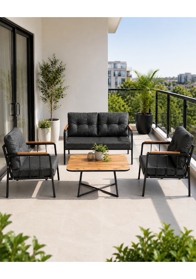 Liva Bahçe Balkon Oturma Grubu - 2+1+1 Takım + Sehpa - Siyah Metal İskelet Antrasit