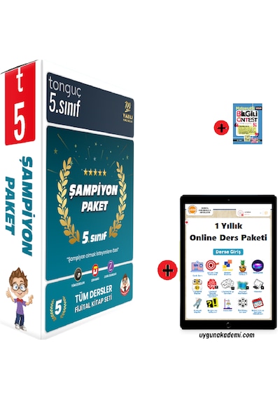 Tonguç Akademi 5. Sınıf Şampiyon Seti En Son Baskı Yeni + Sadık Uygun Yayınları Matematik Soru Bankası + 1 Yıllık Online Ders Paketi