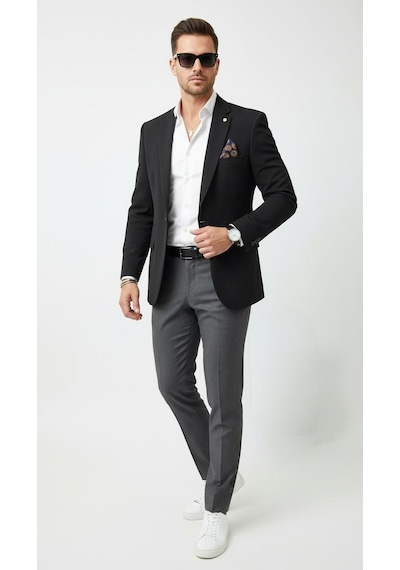 Plus Scorpion Erkek Lacivert Mono Yaka Likralı Blazer Ceket Esnek Konfor Kumaş, Tek Düğmeli Slim Fit Siyah