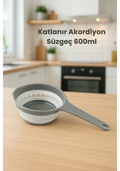 Katlanabilir Süzgeç, Saplı Akordiyon Süzgeç, Yer Kaplamaz Silikon Katlanır Süzgeç 600 Ml Gri Silikon Diğer