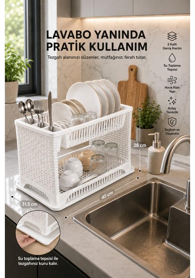 2 Katlı Geniş Hacimli Bulaşıklık Kaşıklık Bölmeli, Su Toplama Tepsili, Pratik Mutfak Düzenleyici Beyaz
