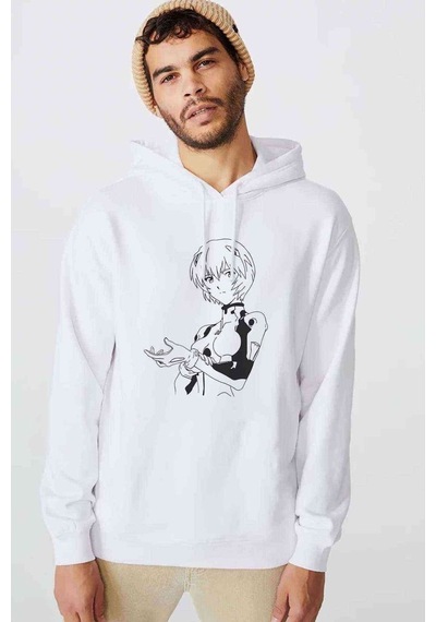 Anime Baskılı Beyaz Erkek Örme Kapşonlu Sweatshirt (531043667)