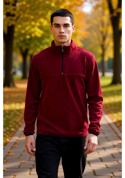 Benerly Erkek Dik Yaka Fermuarlı Standart Kol Polar Sweatshirt Fonksiyone Bordo