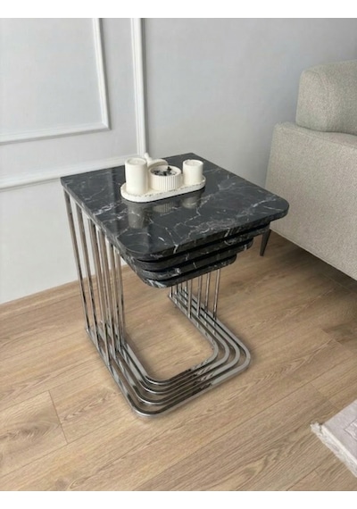 4 Lü Tekerlekli Zigon Sehpa Krom - Siyah Carrara