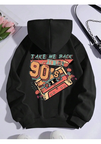 Startmore Letter Graphic Kangaroo Pocket Drawstring Lined Hoodie Siyah Siyah