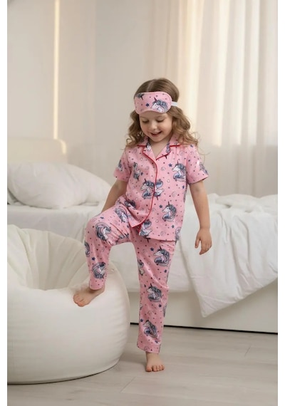 Lillypicca Pembe Desenli Pamuklu Önden Düğmeli Göz Bantlı Kısa Kol Pijama Takımı 8016