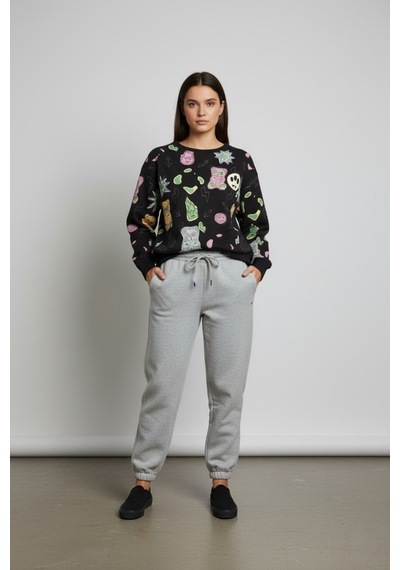 The Kadın Eğlenceli Baskılı %100 Pamuk 3 İplik Şardonsuz Sweatshirt - Bisiklet Yaka Basic Üst Siyah