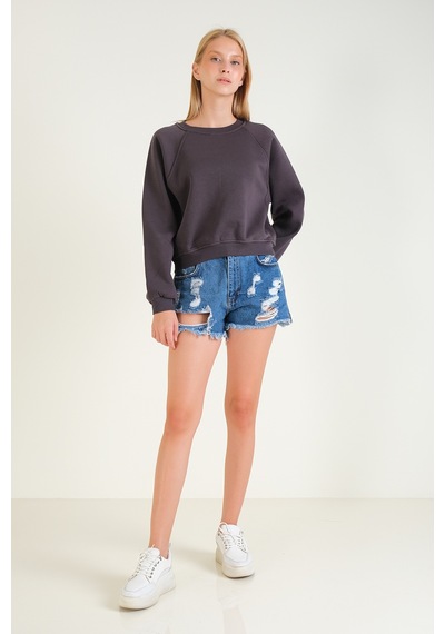 Giyim Dünyası Kadın 3 İp Şardonlu Sıfır Yaka Oversize Sweatshirt Füme 001