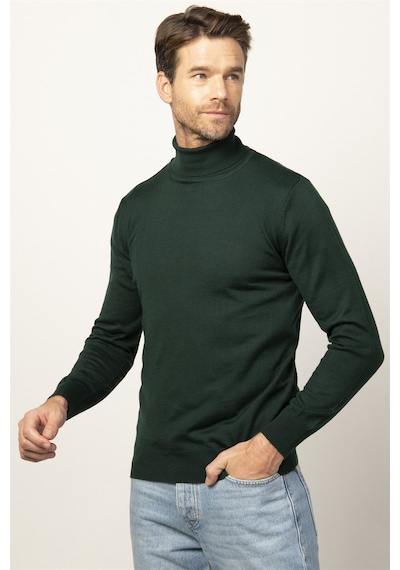 Tudors Slim Fit Dar Kesim Tam Boğazlı Yaka Düz Yün Erkek Kazak-25723 Yeşil