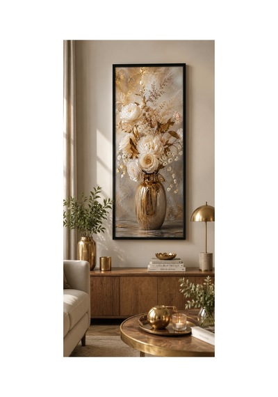 25x60 Cm Gold Vazolu Çiçekli Tablo Siyah Çerçeveli Modern Dekoratif Duvar Tablosu