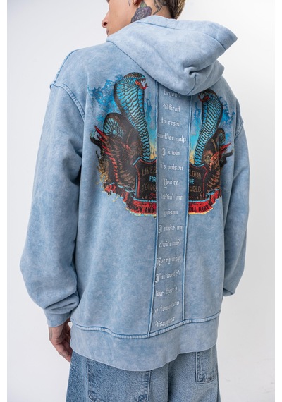 Respire Erkek Snake Baskılı Yıkamalı Kapüşonlu Oversize Hoodie Mavi