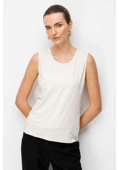 Kadın Sıfır Yaka Flamlı Kumaş Basic Askılı Tshirt Bej Bej