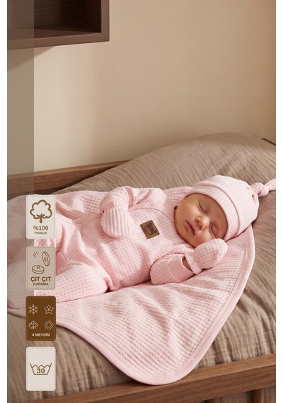 Minory Baby - %100 Pamuk 5'li Hastane Çıkışı Seti Yenidoğan 5'li Set Waffle Kumaş Pembe Pembe
