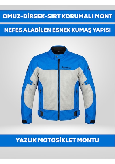Revertech Mavi-beyaz Yazlık Fileli Motosiklet Montu Korumalı Nefes Alan Hafif Mont