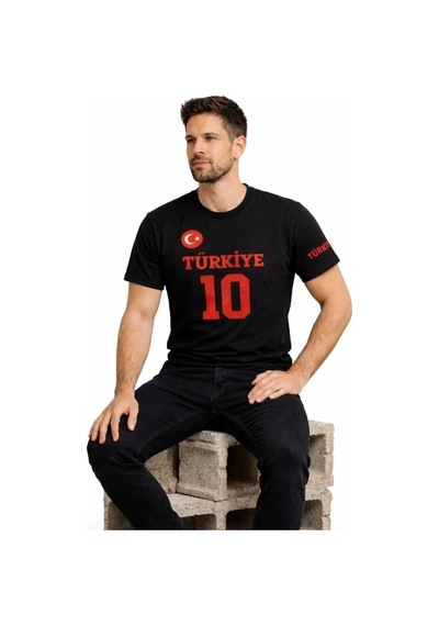Valensdesign Erkek Türkiye Ay Yıldız Baskılı 10 Numara Forma Tişört Taraftar T-shirt - Siyah