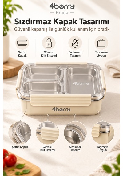 4berry Home 740 Ml 3 Bölmeli 304 Paslanmaz Çelik Termos Yemek Kabı Sızdırmaz Kapaklı, Isı Korumalı Beslenme Kutusu Krem-bej