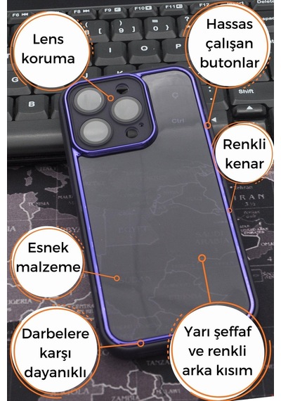 Apple Uyumlu iPhone 14 Pro  Mor Kenarlı Renkli Yarı Şeffaf Kapak Kılıf Kamera Lens Korumalı Mor