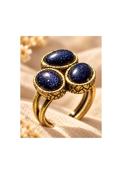 Esoo Jewelry Doğal Taş Detaylı 3 Taşlı Vintage Gold Ayarlanabilir Kadın Yüzük - Gece Işıltısı Lacivert