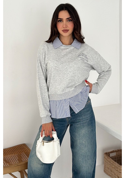 Noa & Noa Kadın Gömlek Detaylı Baskılı Sweatshirt Serene Layer Gri