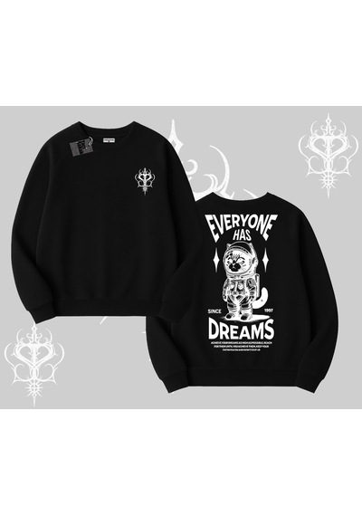 Startmore Everyone Has Dreams Yazılı Astronot Kedi Arka Baskılı Biskilet Sweatshirt Siyah