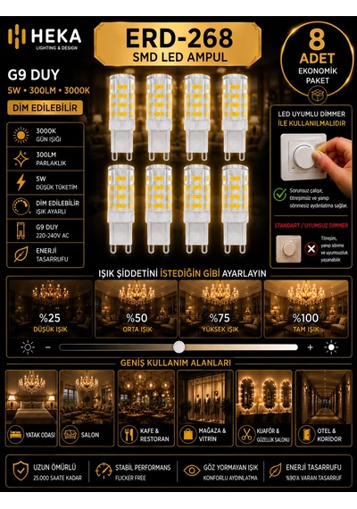 8 Adet Heka 5w Günışığı 3000k G9 Duylu Dim Edilebilir Led Kapsül Ampul