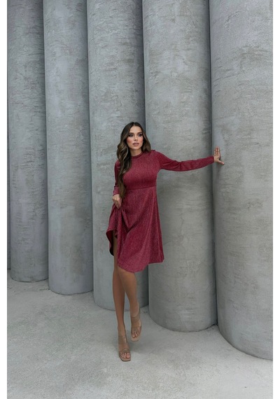 Lesa Wear Yumuşacık Likralı Simli Mini Gece Elbisesi Bordo