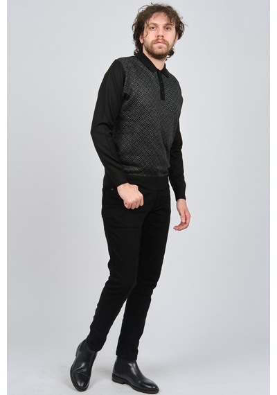 Pave Erkek Polo Yaka Desenli Yün Kazak 4537134 Siyah Siyah