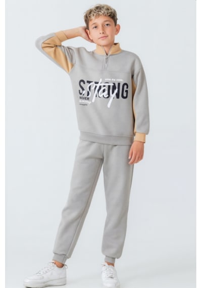 Ahengim Erkek Çocuk Brooklyn Stay Strong Baskılı 3 İplik Kalın Kışlık Eşofman Takımı Ak4225 Gri