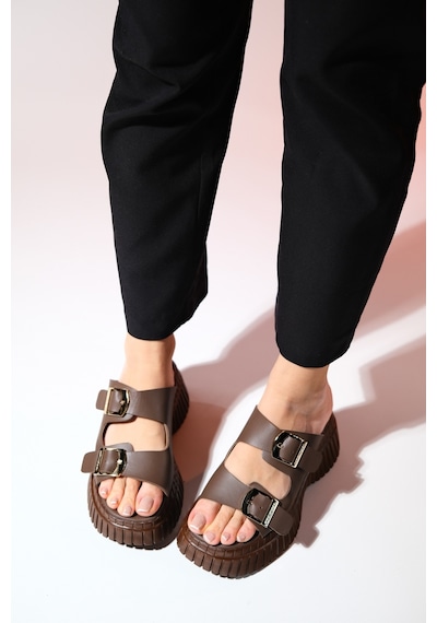 Luvishoes Joanes Kahve Cilt Hakiki Deri Çift Bantlı Kadın Dolgu Taban Terlik Kahverengi