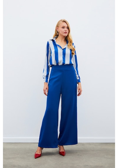Sateen Çizgi Desenli Gömlek - Saks Mavisi-134967 Saks Mavisi Saks