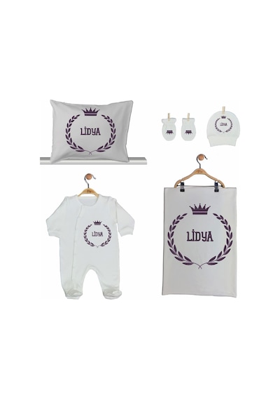 Pia Baby Gl 2006 İsme Özel Taçlı Beşli Tulum Set Krem