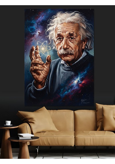Bilim İnsanı Einstein Yıldızlar Arasında Dekoratif Kanvas - Mdf Ahşap Tablo