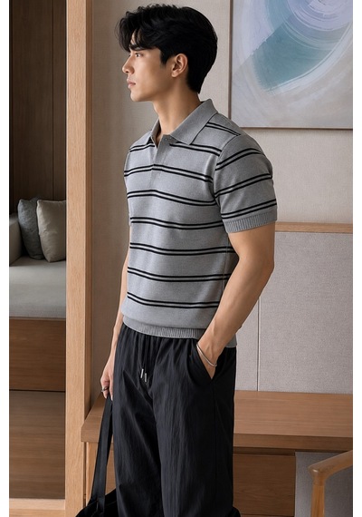 Tarz Cool Erkek Çizgili Polo Yaka Viskon Triko Tişört Slim Fit Yazlık Şık Triko Polo Gri