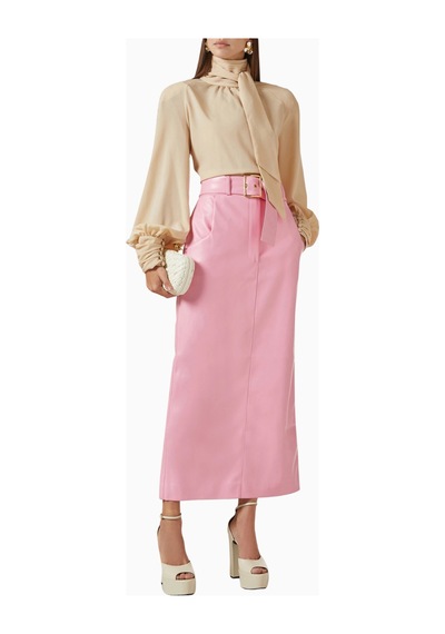 Rowen Rose Oversized Bow - Neck Blouse, Lüks Georgette Yüksek Yakalı Şık Balon Kollu Bluz Bej