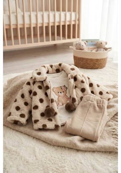 Ahengim Minik Ayıcık Baskılı Puanlı Yumuşak Dokulu Peluş Montlu 3 Lü Kız Bebek Set Takım Ak8534 Bej