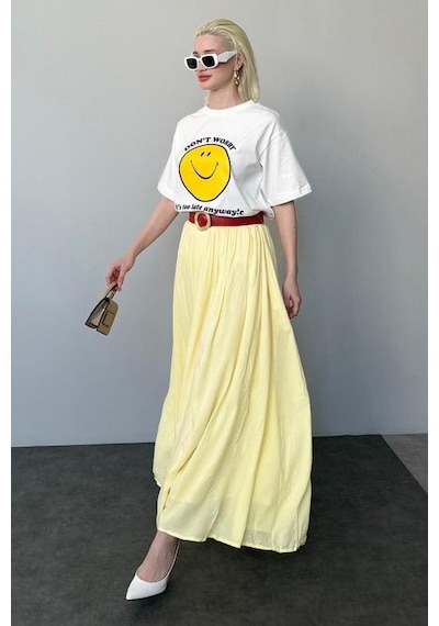 Madmext Açık Sarı Vual Kumaş Basic Kadın Uzun Boy Kadın Etek Mg2366 Açık Sarı