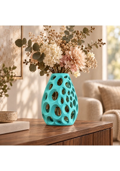 Dekoratif Vazo 20 Cm Oval Delikli Modern Tasarım Kuru Ve Yapay Çiçek Vazosu Camgöbeği