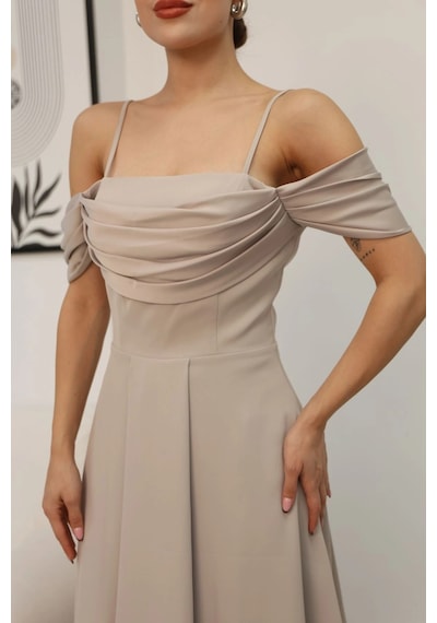Lodmela Drape Detaylı Askılı Midi Elbise 2380-bej Bej